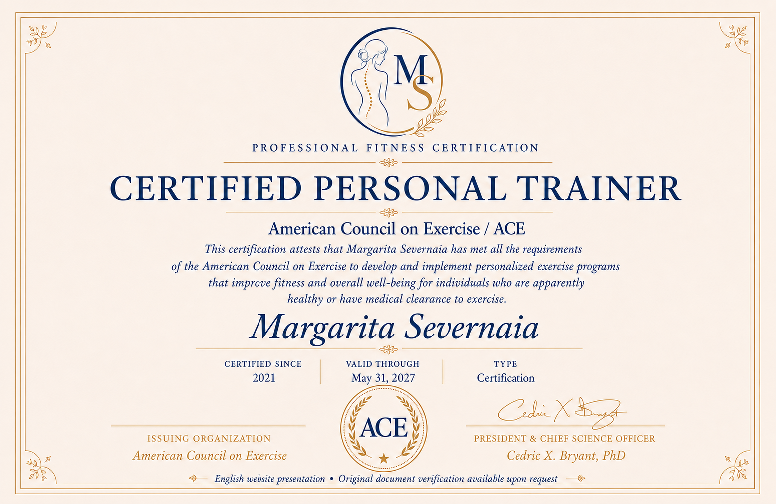 ACE Certified Personal Trainer certificate for Margarita Severnaia