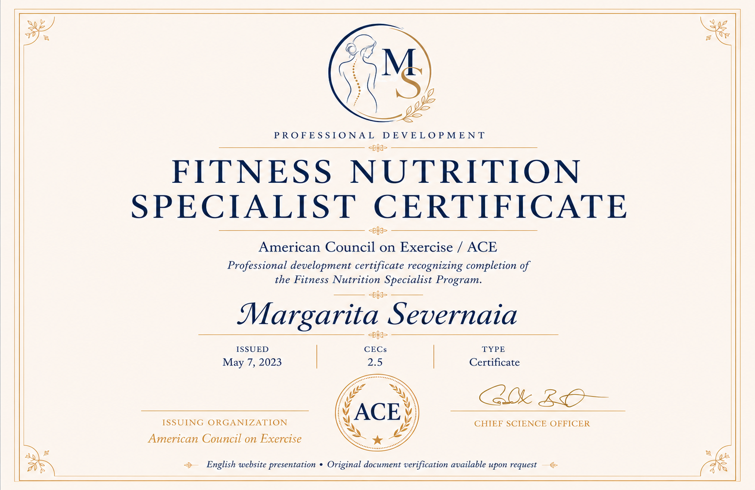 ACE Fitness Nutrition Specialist Program certificate for Margarita Severnaia
