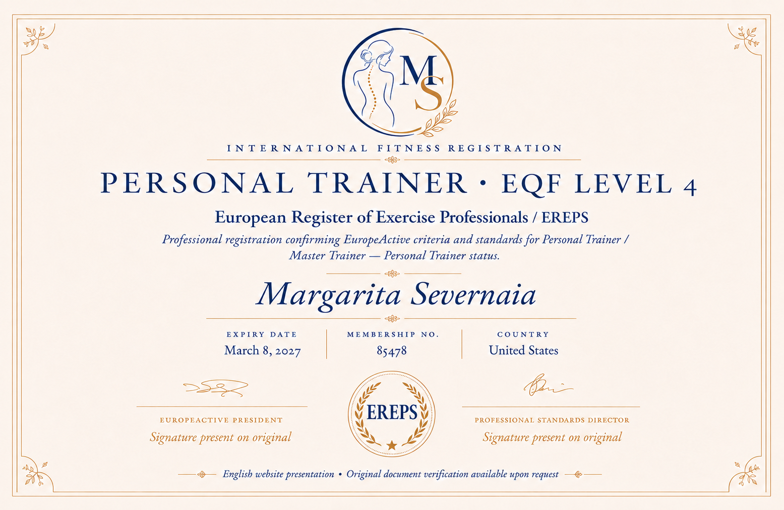 EREPS Personal Trainer EQF Level 4 certificate for Margarita Severnaia